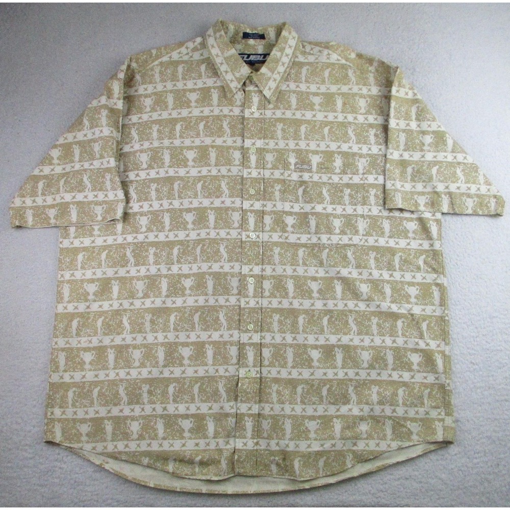 Vintage FUBU Shirt Mens 3XL Beige Golf Print Button Up Short Sleeve 90s Korea